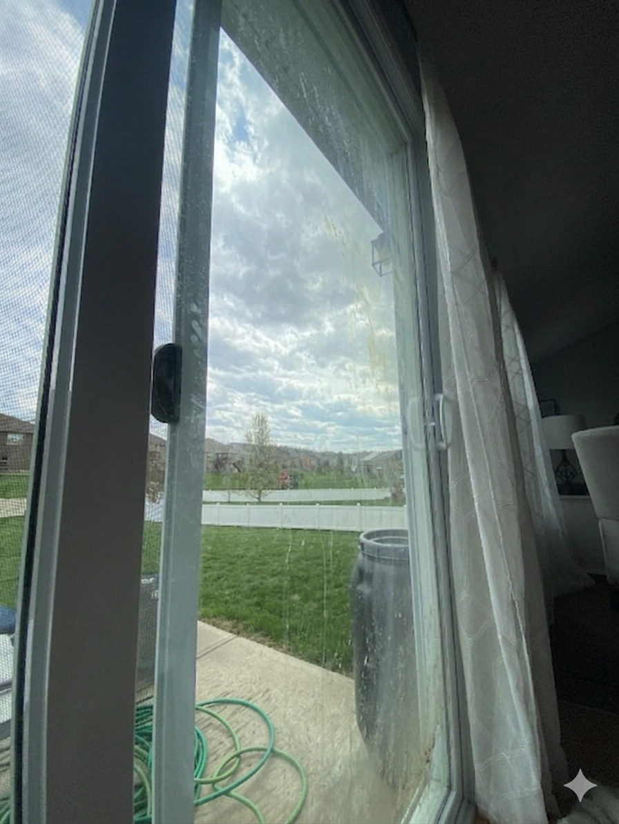 Before window cleaning — dirty sliding glass door at a Springboro, OH home